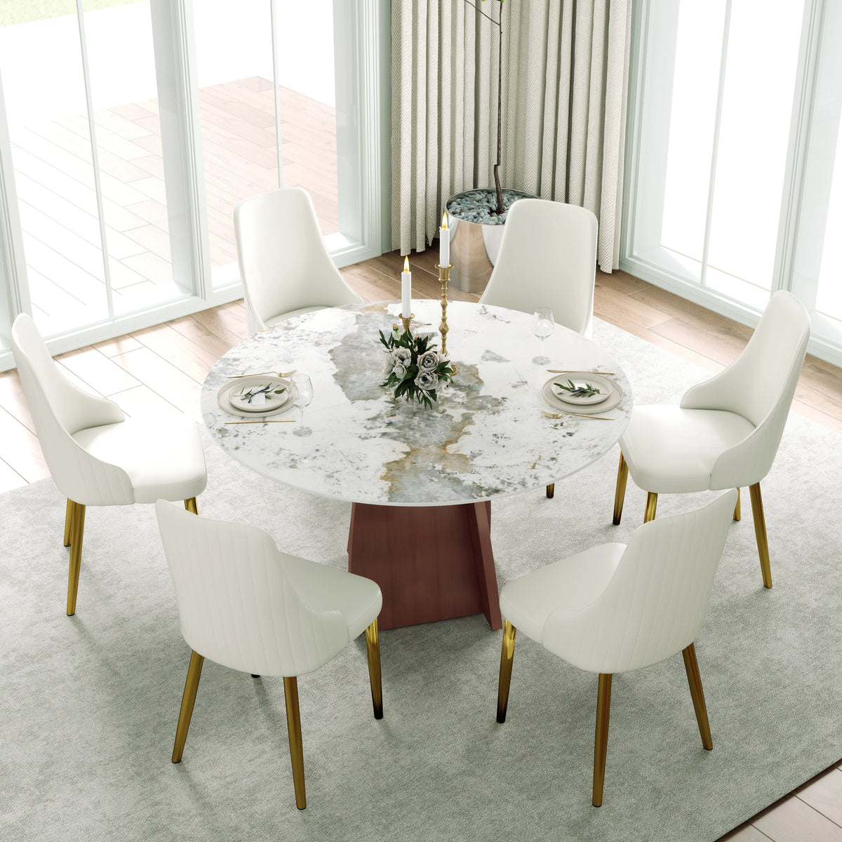 Mesa de comedor Marbella de piedra sinterizada | Redonda Pandora de 135 cm con base metálica