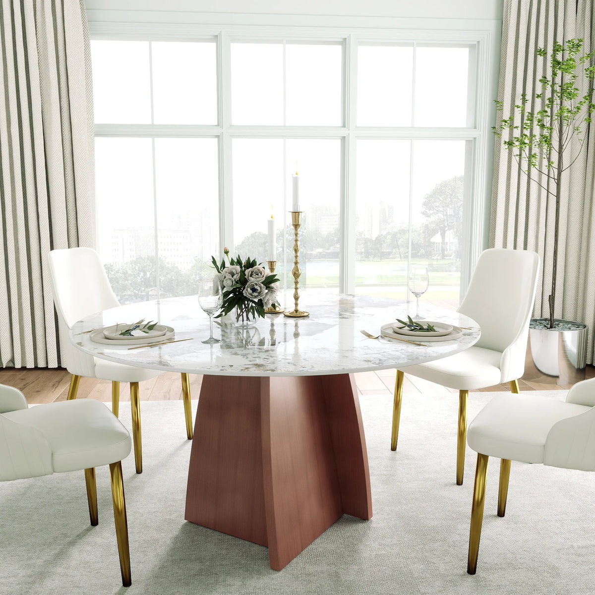 Mesa de comedor Marbella de piedra sinterizada | Redonda Pandora de 135 cm con base metálica