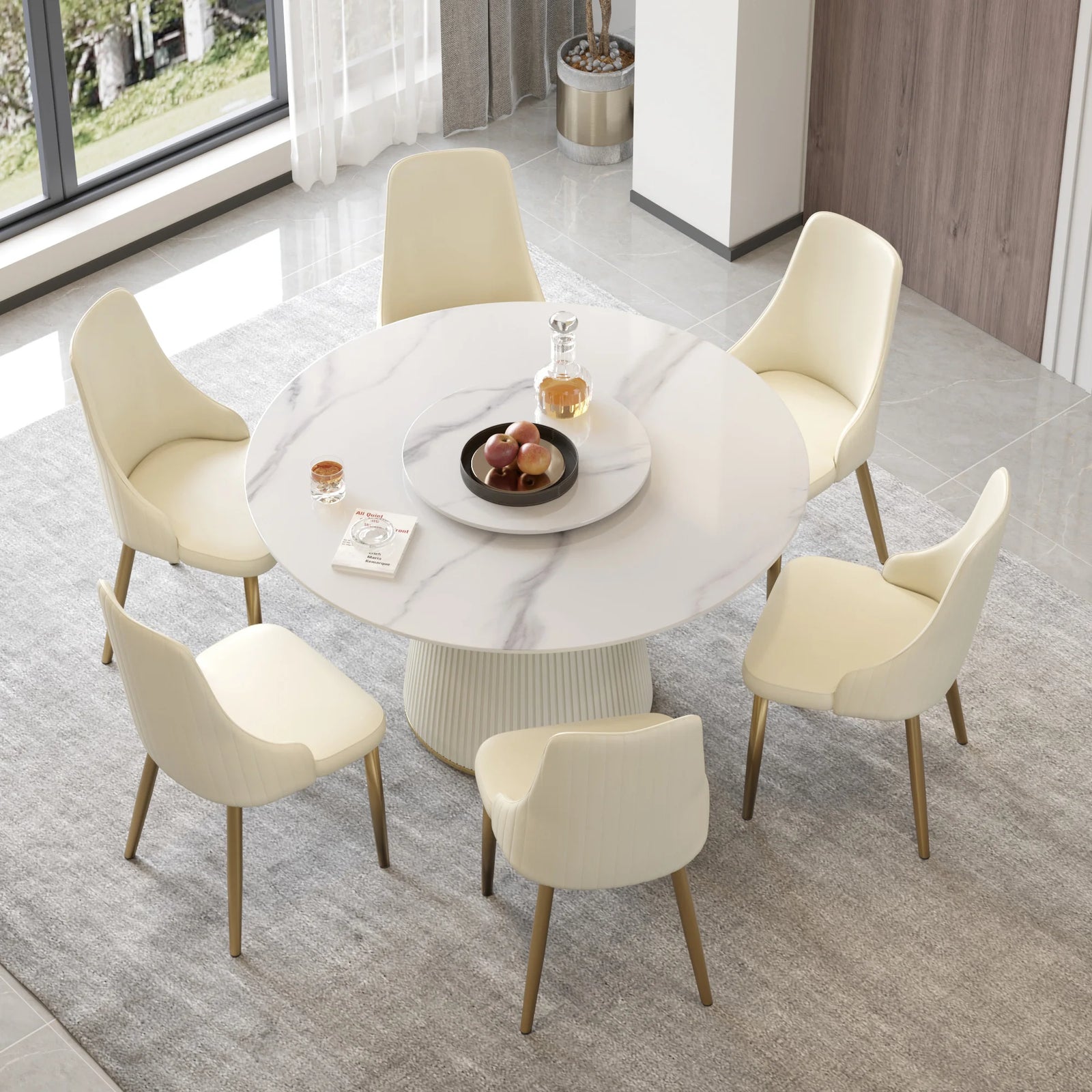 Marbella Sintered Stone Dining Table | 53" White Gloss Round With Lazy Susan Turntable