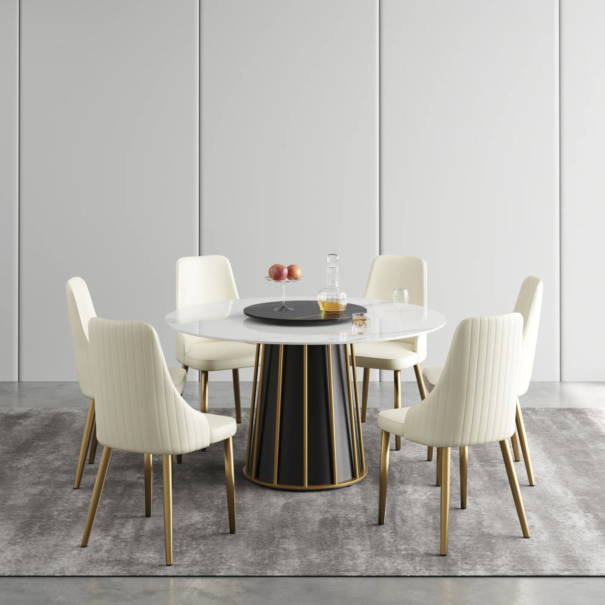 Mesa de comedor Marbella de piedra sinterizada | Redonda de 135 cm (53") en blanco brillante con plato giratorio Lazy Susan