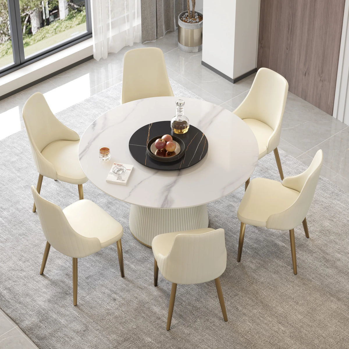 Marbella Sintered Stone Dining Table | 53" White Gloss Round With Lazy Susan Turntable