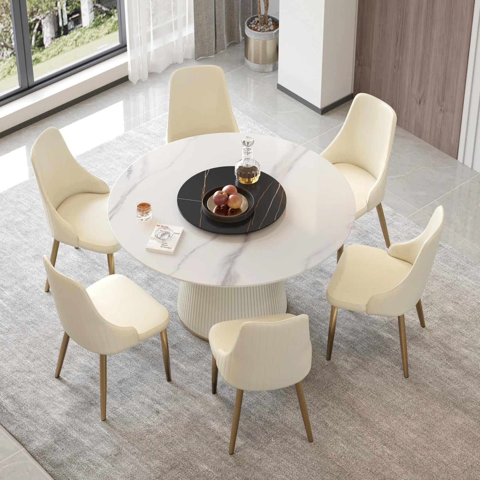 Mesa de comedor Marbella de piedra sinterizada | Redonda de 135 cm (53") en blanco brillante con plato giratorio Lazy Susan