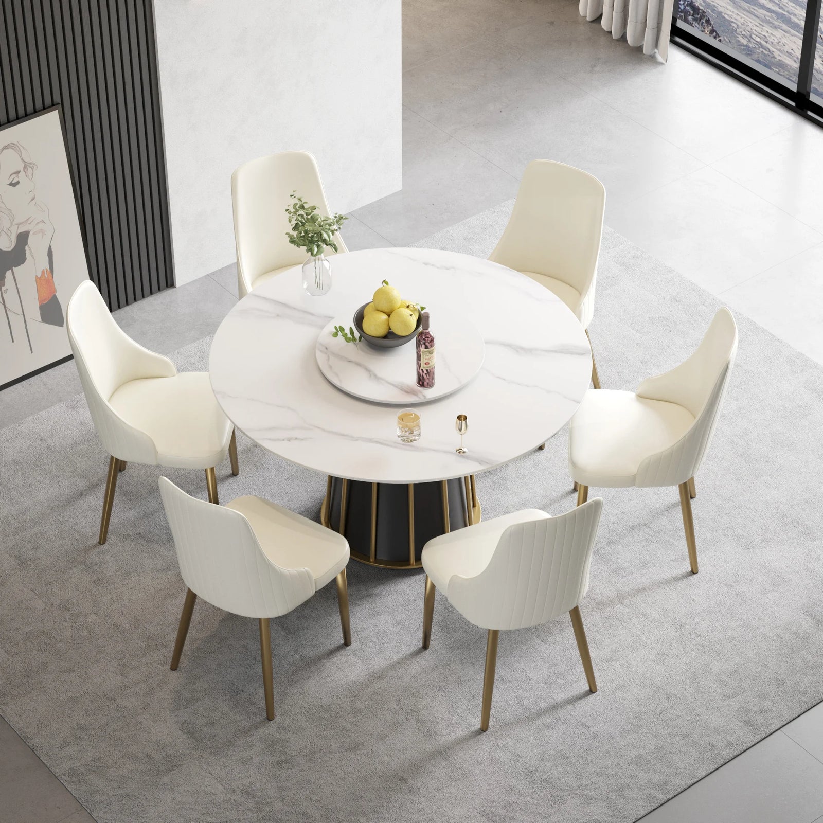 Mesa de comedor Marbella de piedra sinterizada | Redonda de 135 cm (53") en blanco brillante con plato giratorio Lazy Susan