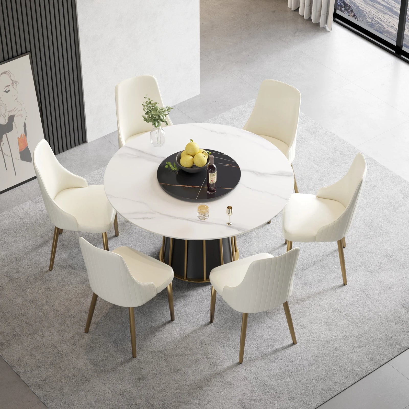Mesa de comedor Marbella de piedra sinterizada | Redonda de 135 cm (53") en blanco brillante con plato giratorio Lazy Susan