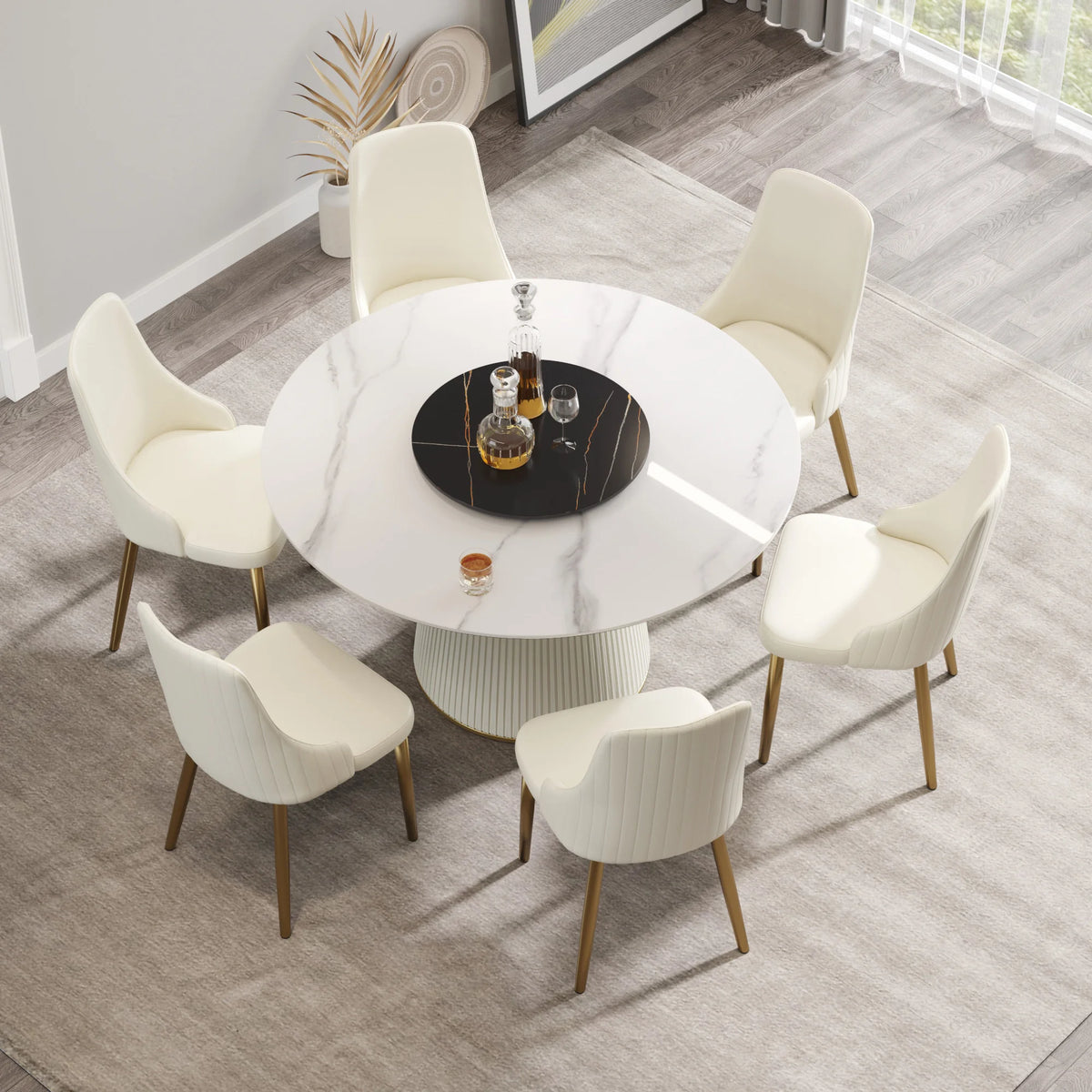 Mesa de comedor Marbella de piedra sinterizada | Redonda de 135 cm (53") en blanco brillante con plato giratorio Lazy Susan
