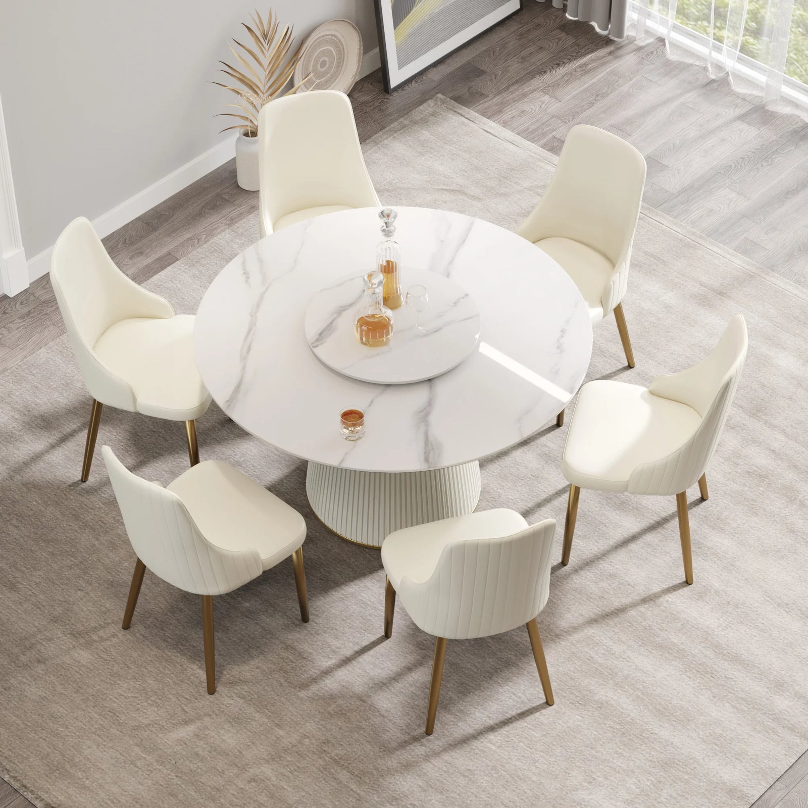 Marbella Sintered Stone Dining Table | 53" White Gloss Round With Lazy Susan Turntable