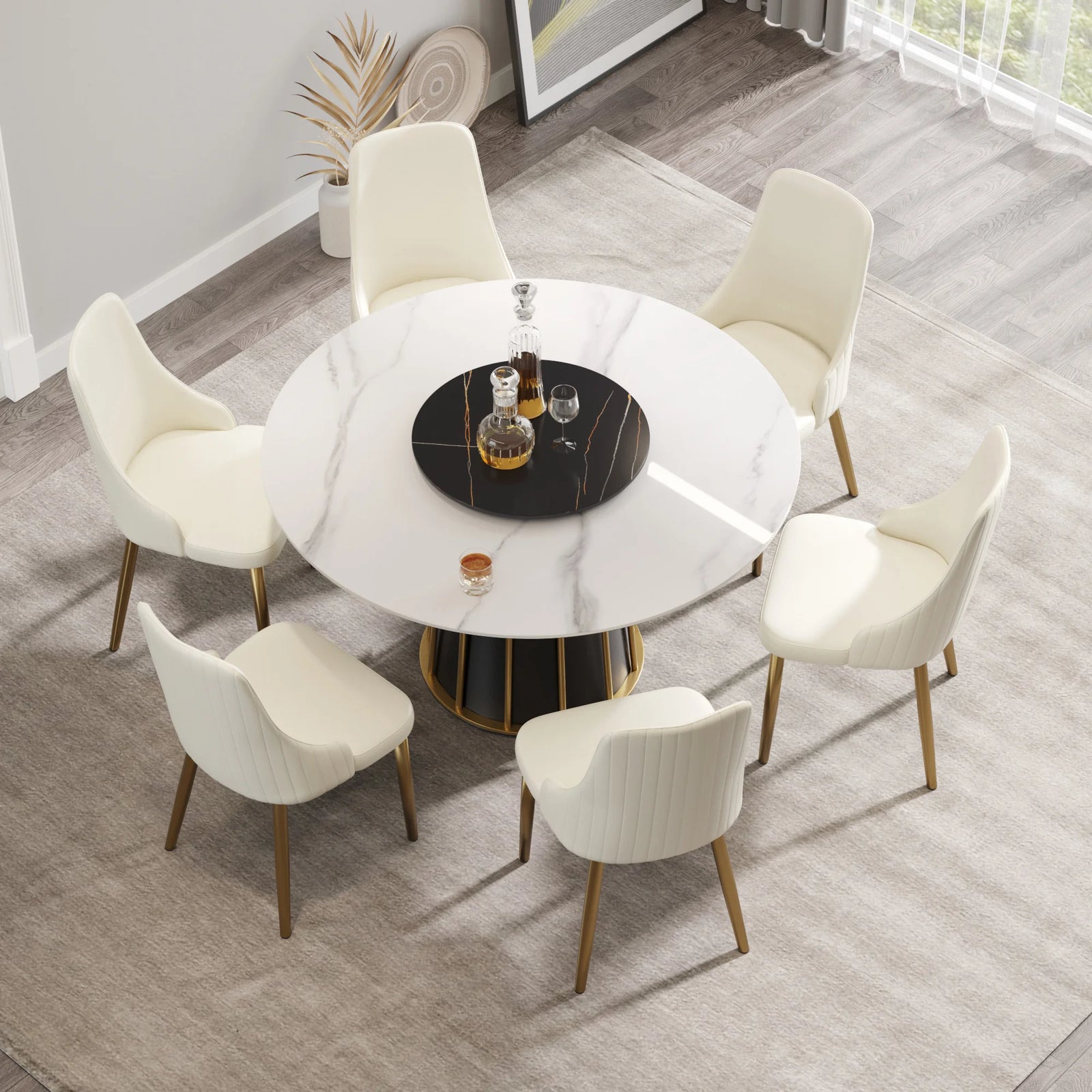 Mesa de comedor Marbella de piedra sinterizada | Redonda de 135 cm (53") en blanco brillante con plato giratorio Lazy Susan