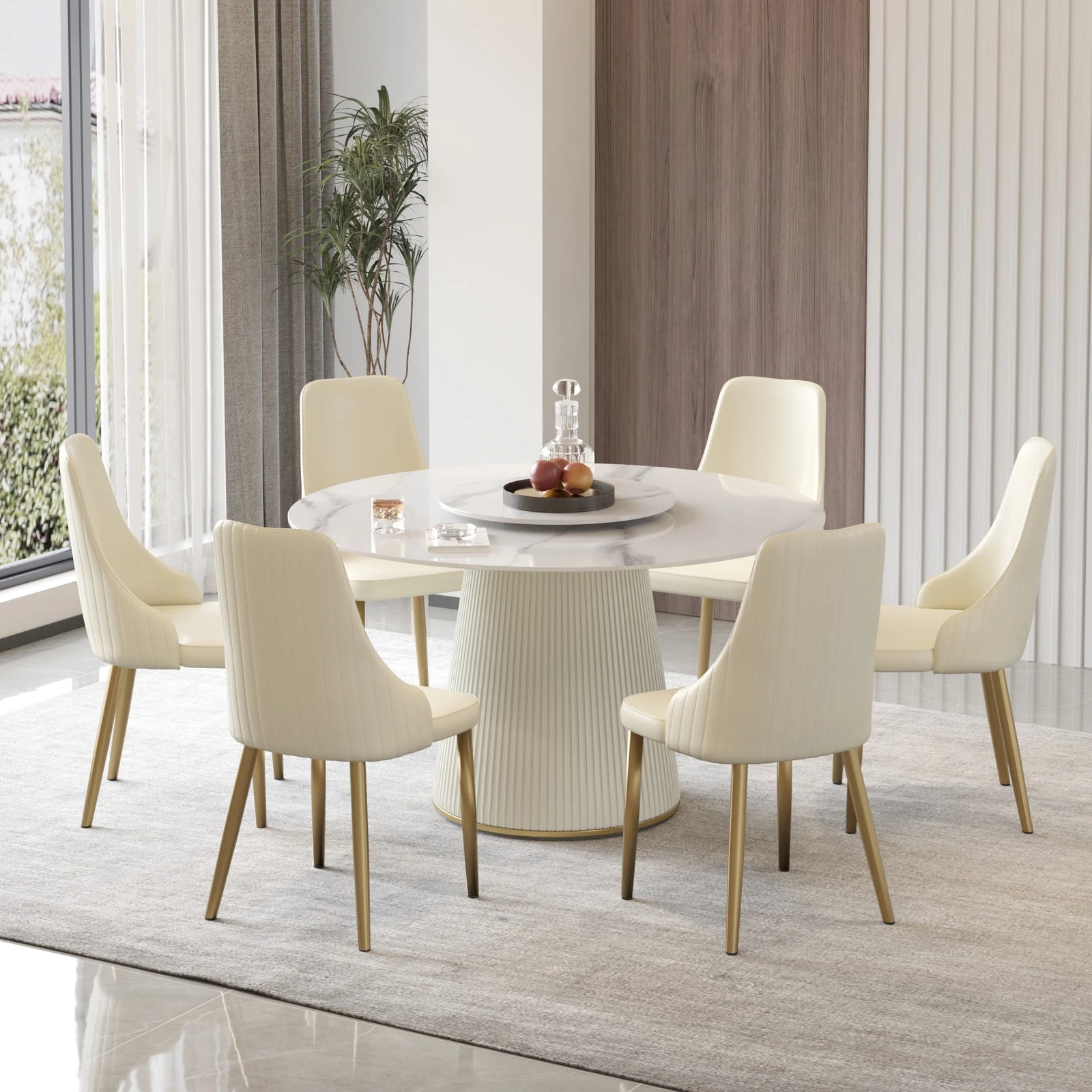 Marbella Sintered Stone Dining Table | 53" White Gloss Round With Lazy Susan Turntable