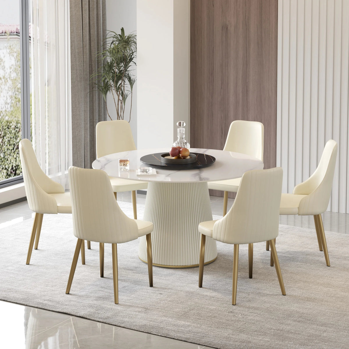 Mesa de comedor Marbella de piedra sinterizada | Redonda de 135 cm (53") en blanco brillante con plato giratorio Lazy Susan