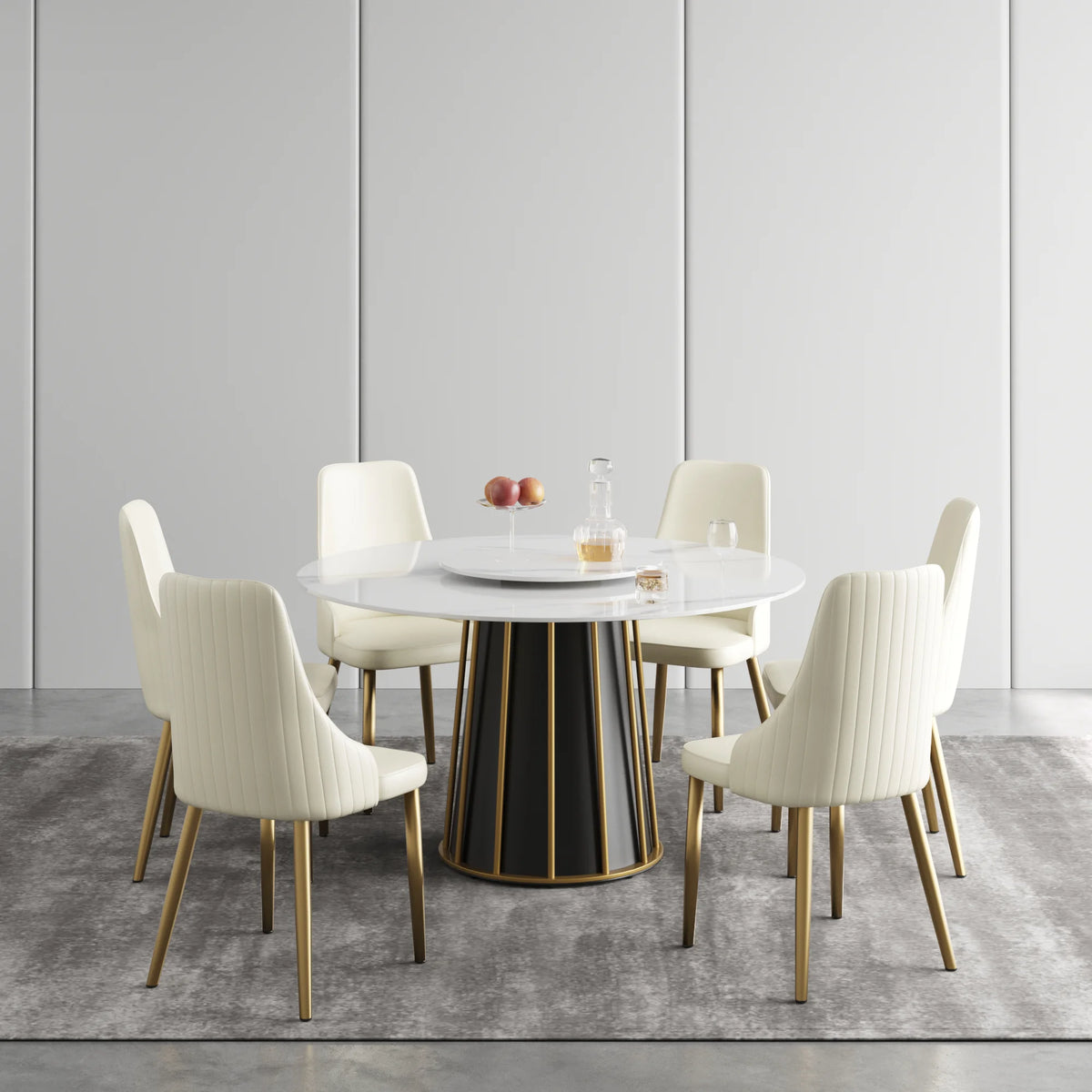 Marbella Sintered Stone Dining Table | 53" White Gloss Round With Lazy Susan Turntable