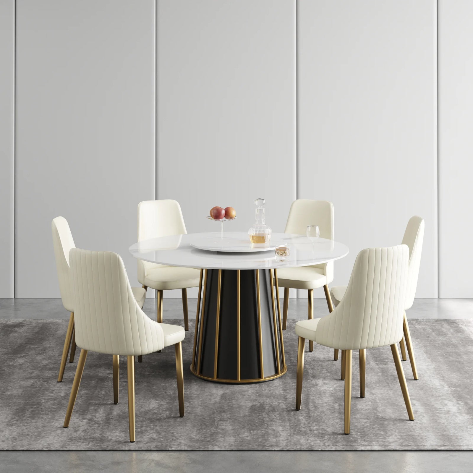 Mesa de comedor Marbella de piedra sinterizada | Redonda de 135 cm (53") en blanco brillante con plato giratorio Lazy Susan