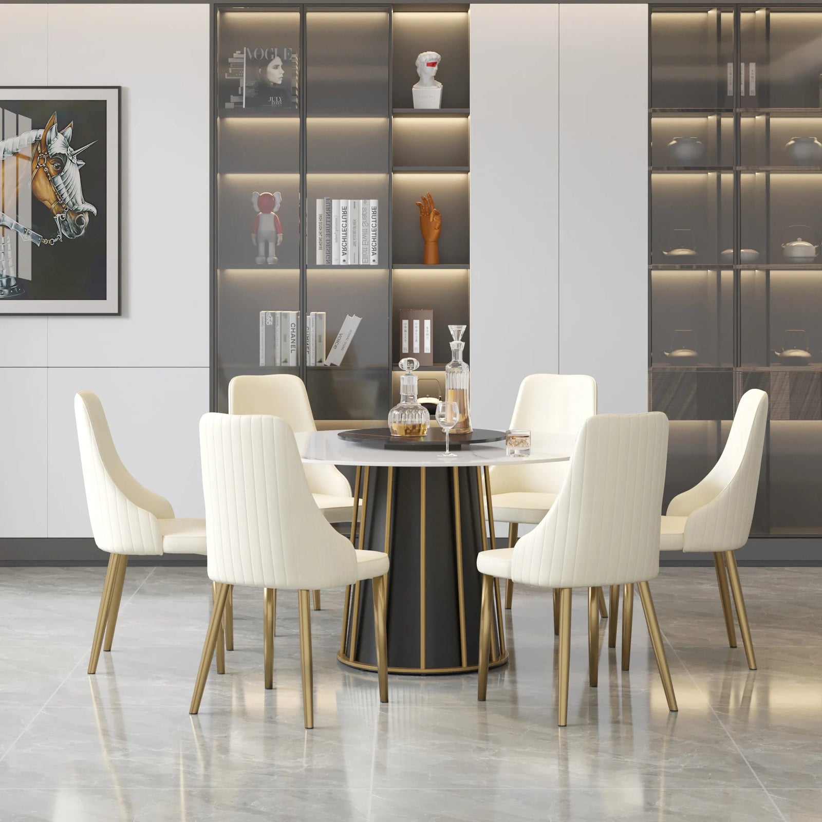 Mesa de comedor Marbella de piedra sinterizada | Redonda de 135 cm (53") en blanco brillante con plato giratorio Lazy Susan