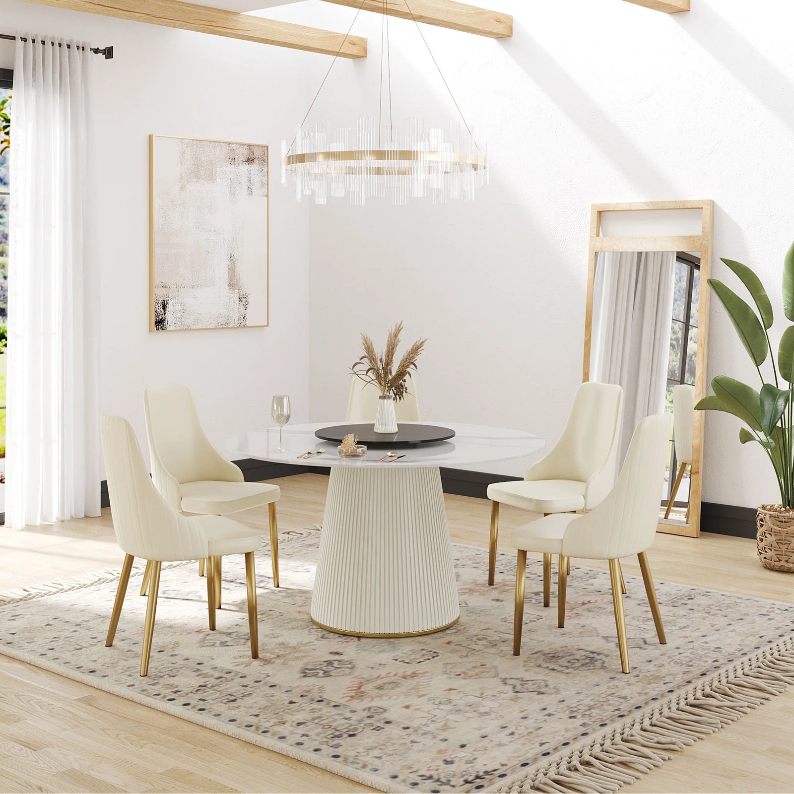 Mesa de comedor Marbella de piedra sinterizada | Redonda de 135 cm (53") en blanco brillante con plato giratorio Lazy Susan