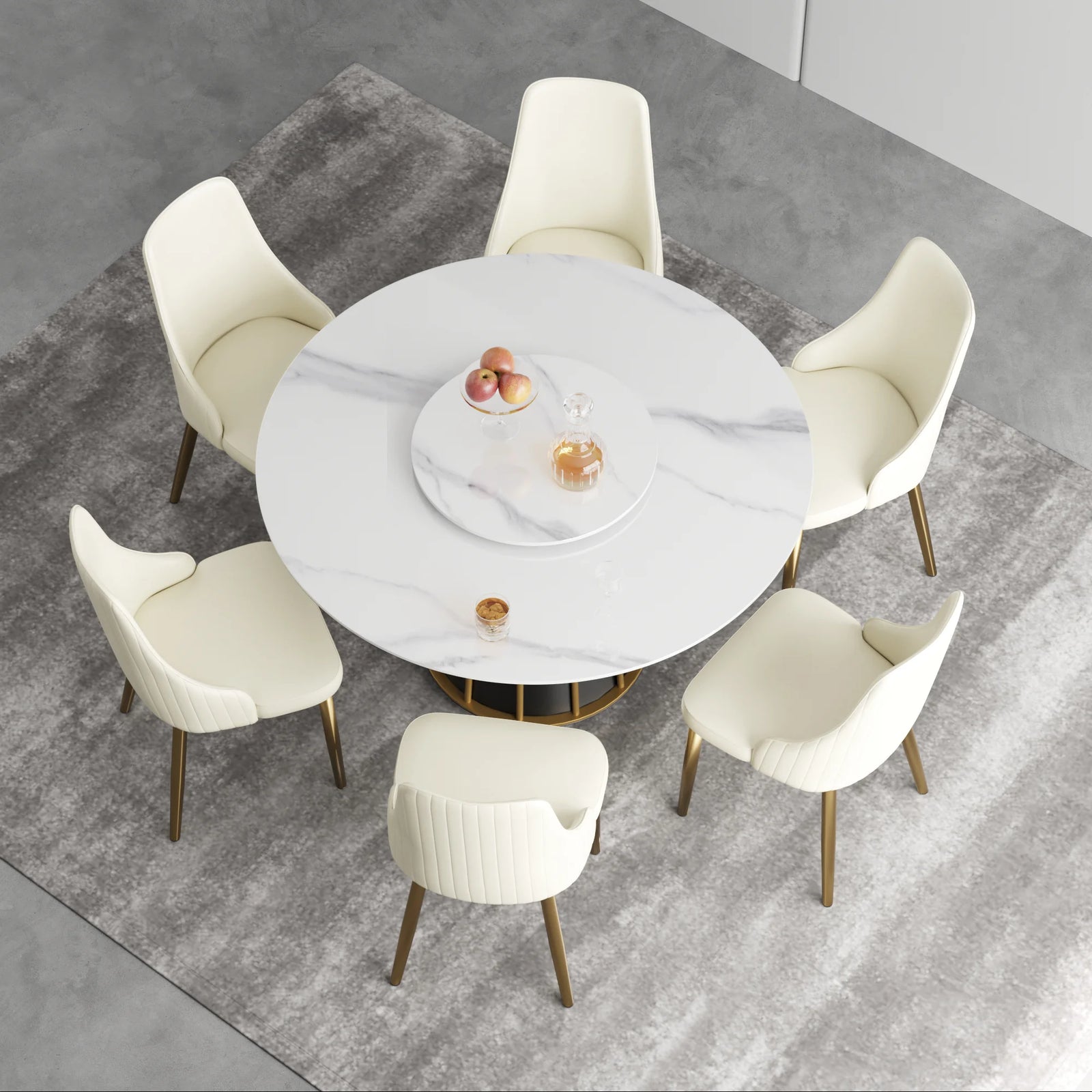 Mesa de comedor Marbella de piedra sinterizada | Redonda de 135 cm (53") en blanco brillante con plato giratorio Lazy Susan