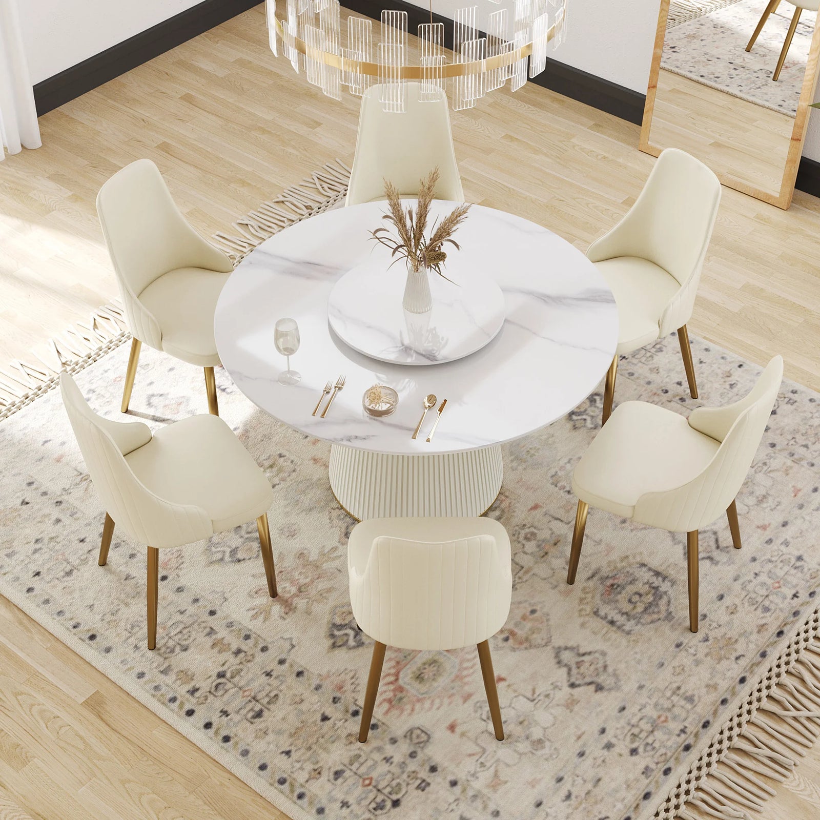 Marbella Sintered Stone Dining Table | 53" White Gloss Round With Lazy Susan Turntable
