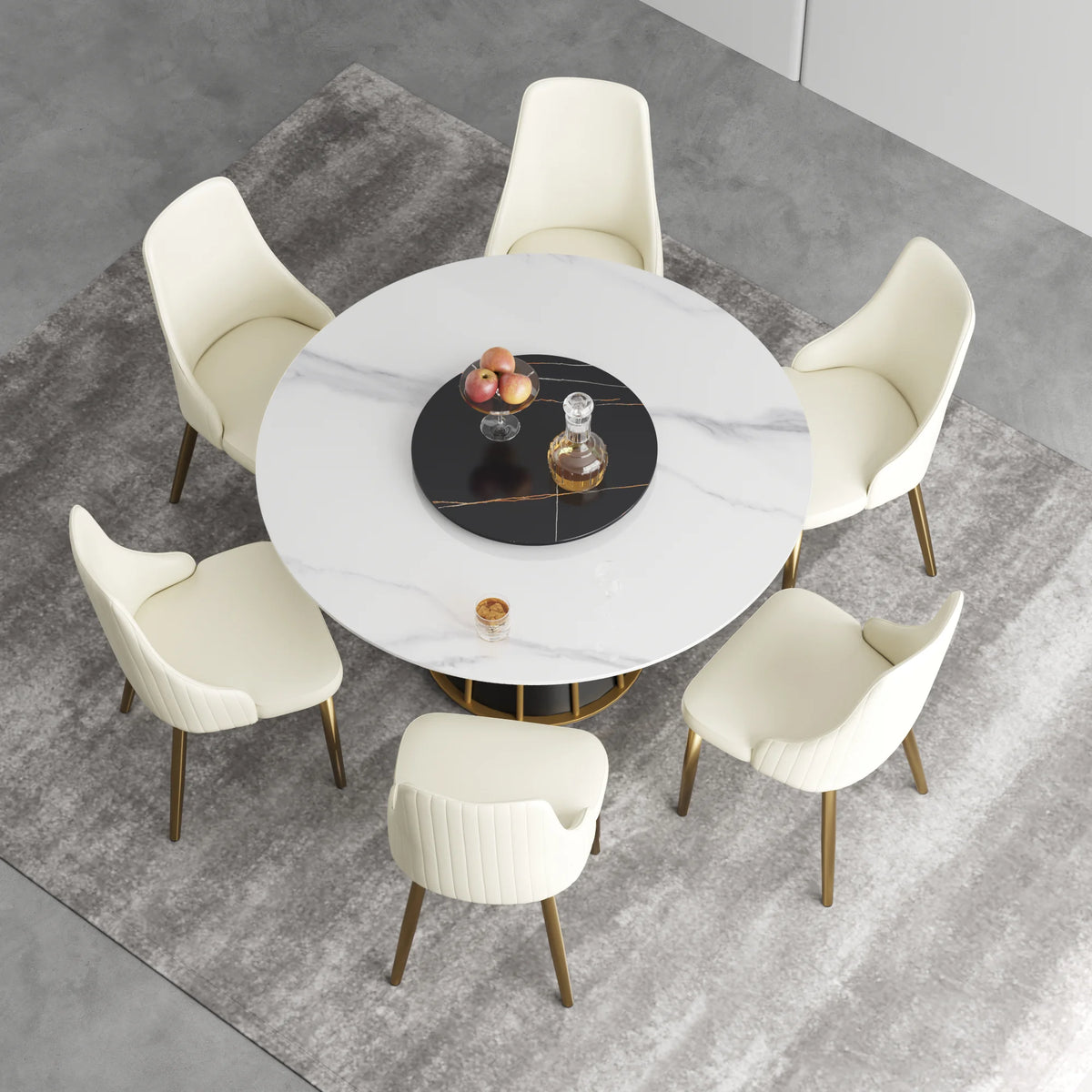 Mesa de comedor Marbella de piedra sinterizada | Redonda de 135 cm (53") en blanco brillante con plato giratorio Lazy Susan