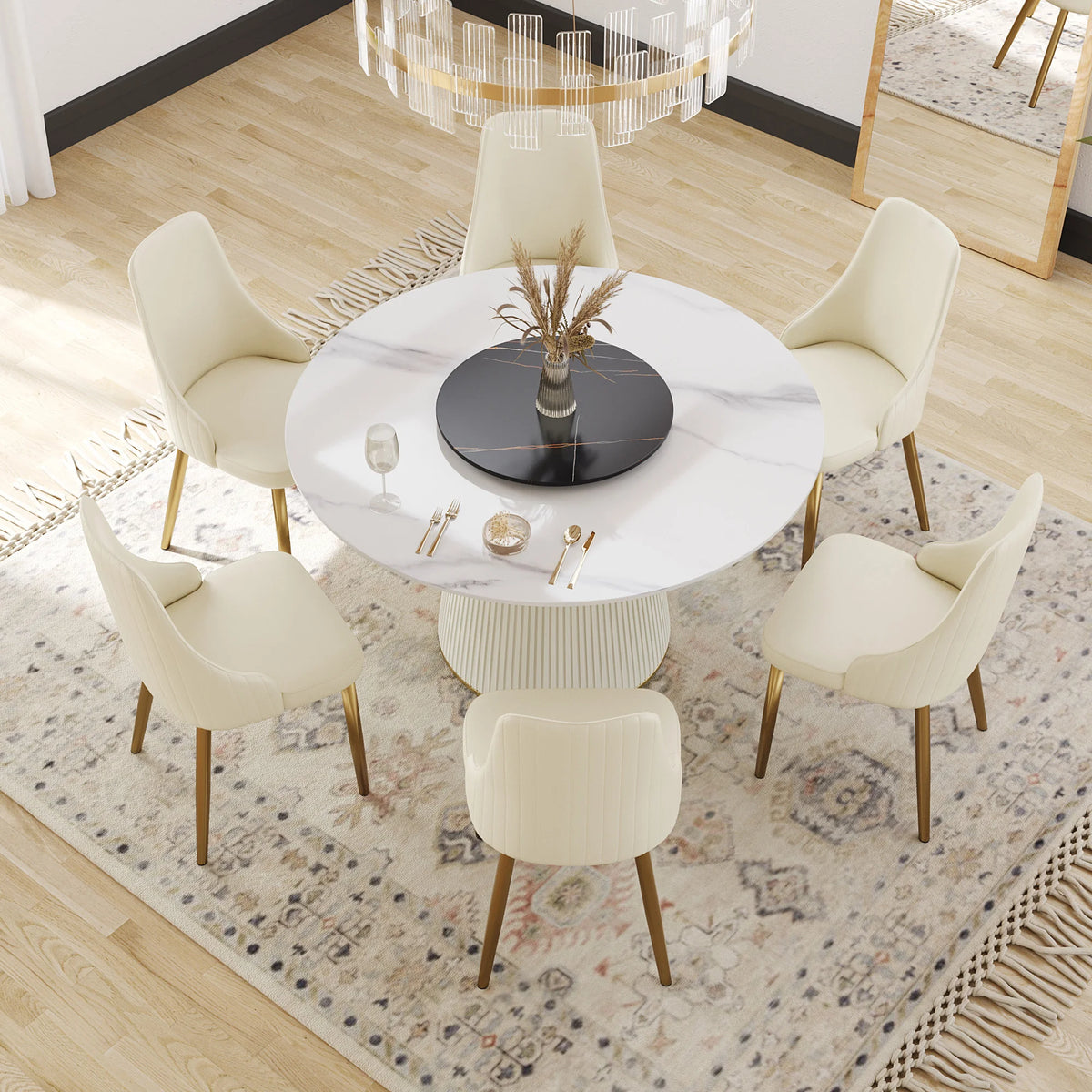 Marbella Sintered Stone Dining Table | 53" White Gloss Round With Lazy Susan Turntable