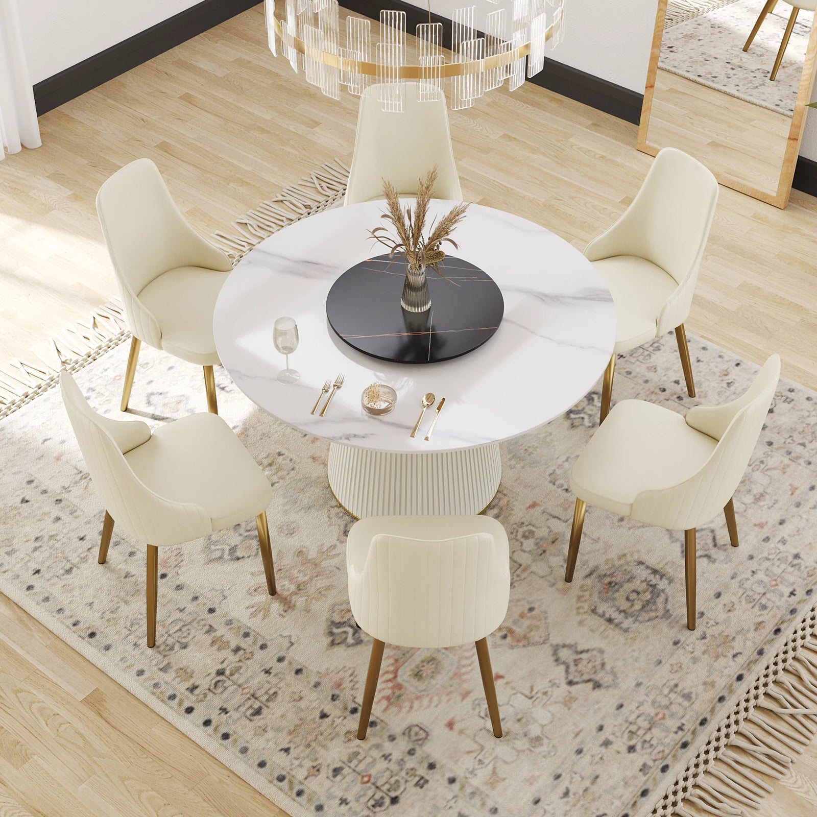 Mesa de comedor Marbella de piedra sinterizada | Redonda de 135 cm (53") en blanco brillante con plato giratorio Lazy Susan