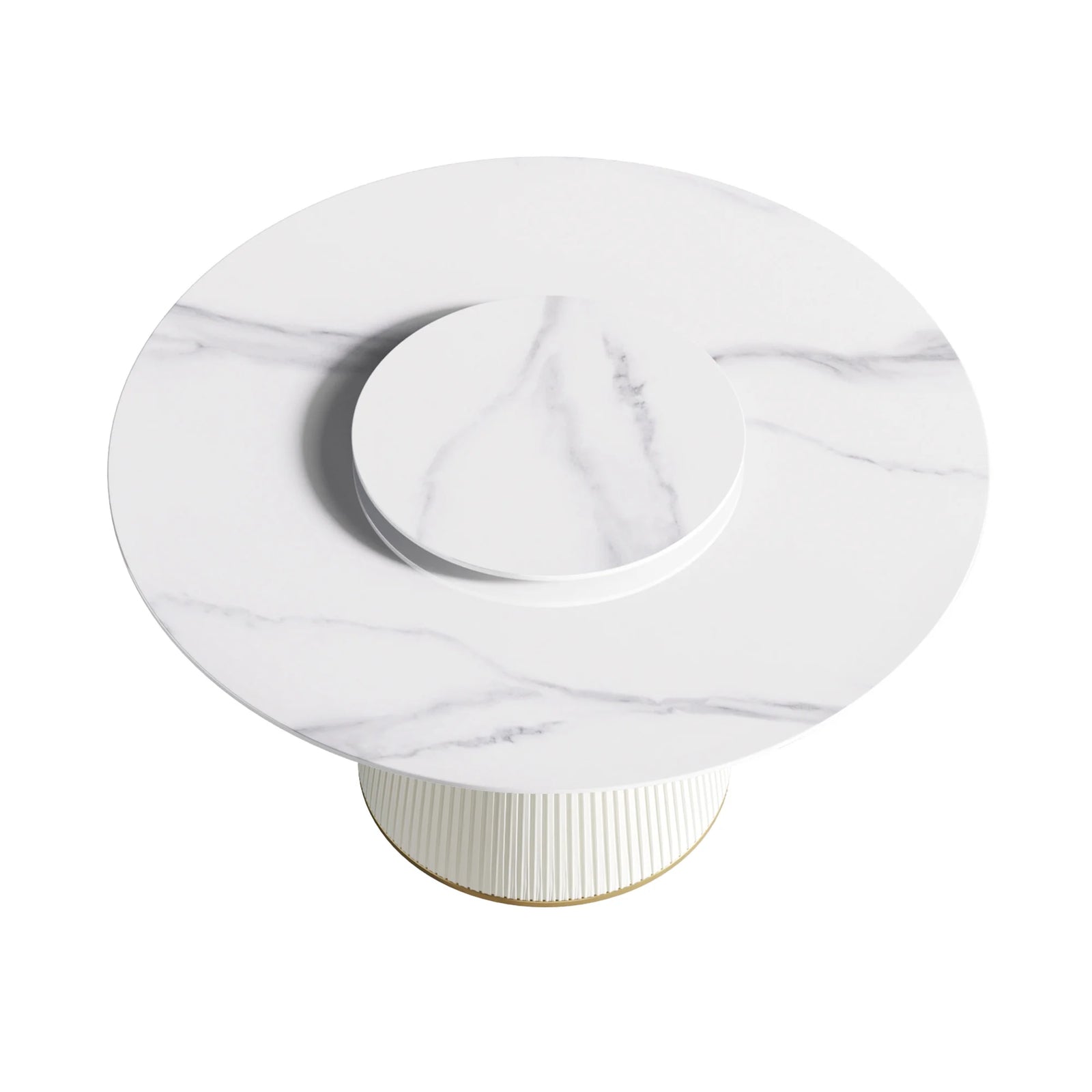 Marbella Sintered Stone Dining Table | 53" White Gloss Round With Lazy Susan Turntable