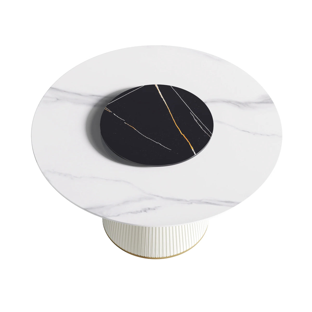 Mesa de comedor Marbella de piedra sinterizada | Redonda de 135 cm (53") en blanco brillante con plato giratorio Lazy Susan