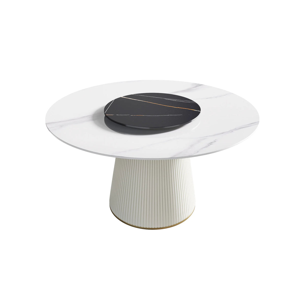 Marbella Sintered Stone Dining Table | 53" White Gloss Round With Lazy Susan Turntable