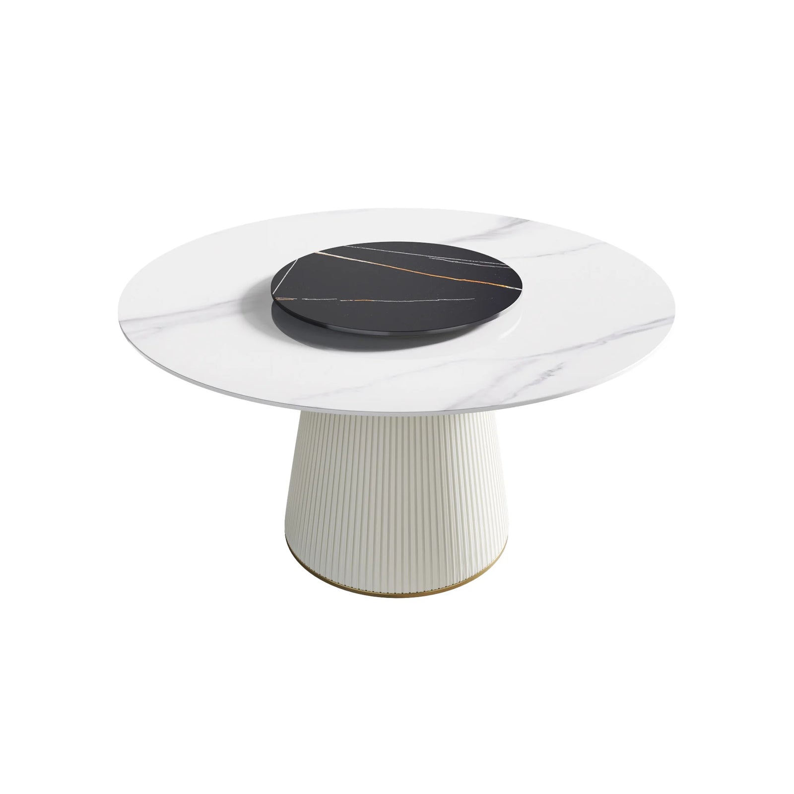 Mesa de comedor Marbella de piedra sinterizada | Redonda de 135 cm (53") en blanco brillante con plato giratorio Lazy Susan