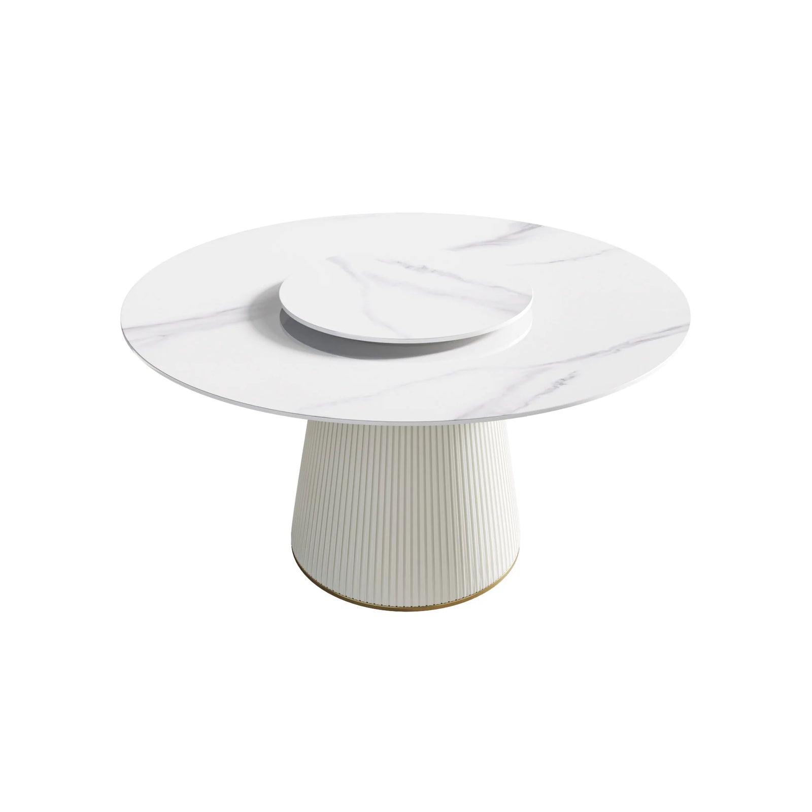 Marbella Sintered Stone Dining Table | 53" White Gloss Round With Lazy Susan Turntable