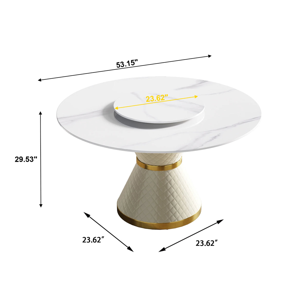 Mesa de comedor Marbella de piedra sinterizada | Redonda de 135 cm (53") en blanco brillante con plato giratorio Lazy Susan