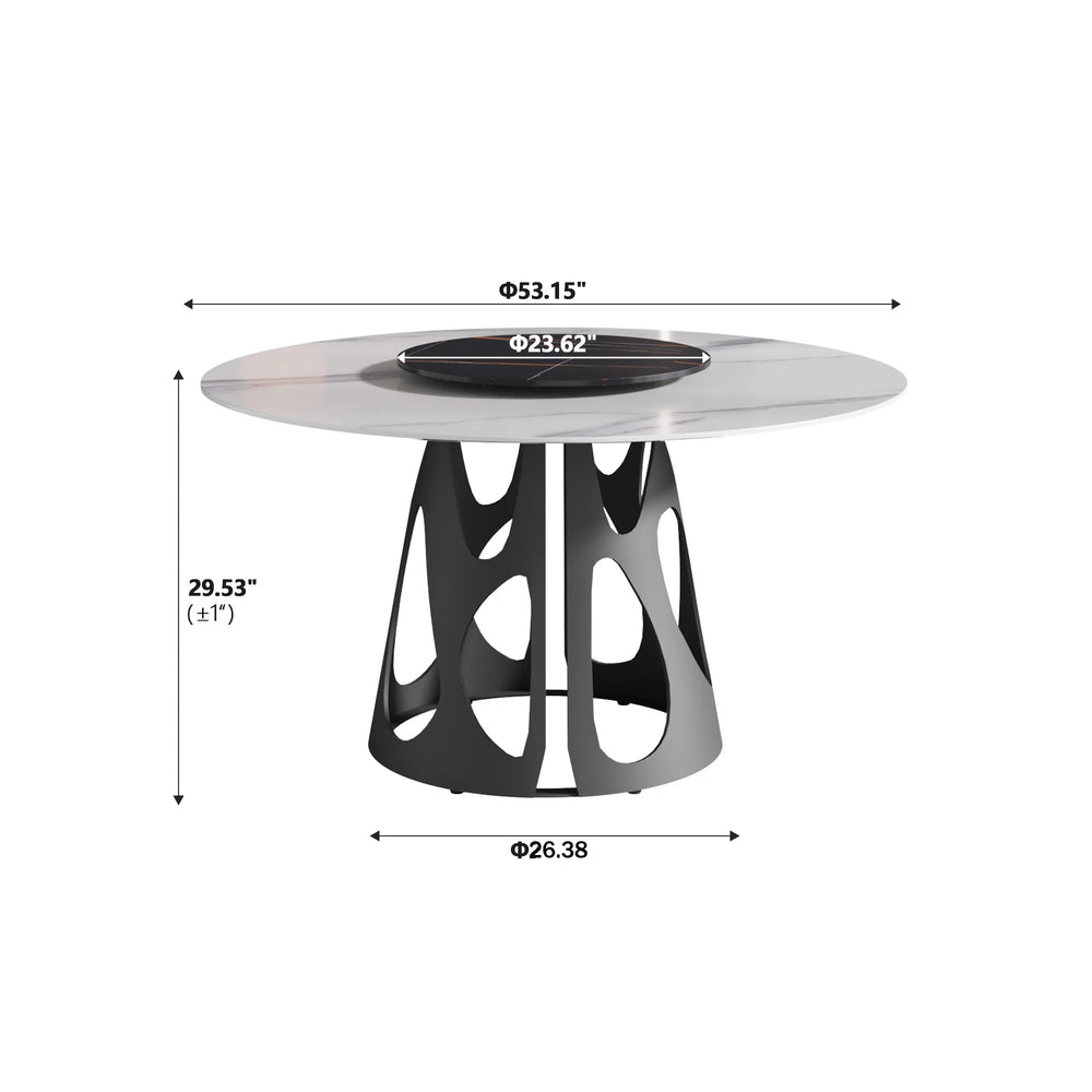 Marbella Sintered Stone Dining Table | 53" White Gloss Round With Lazy Susan Turntable