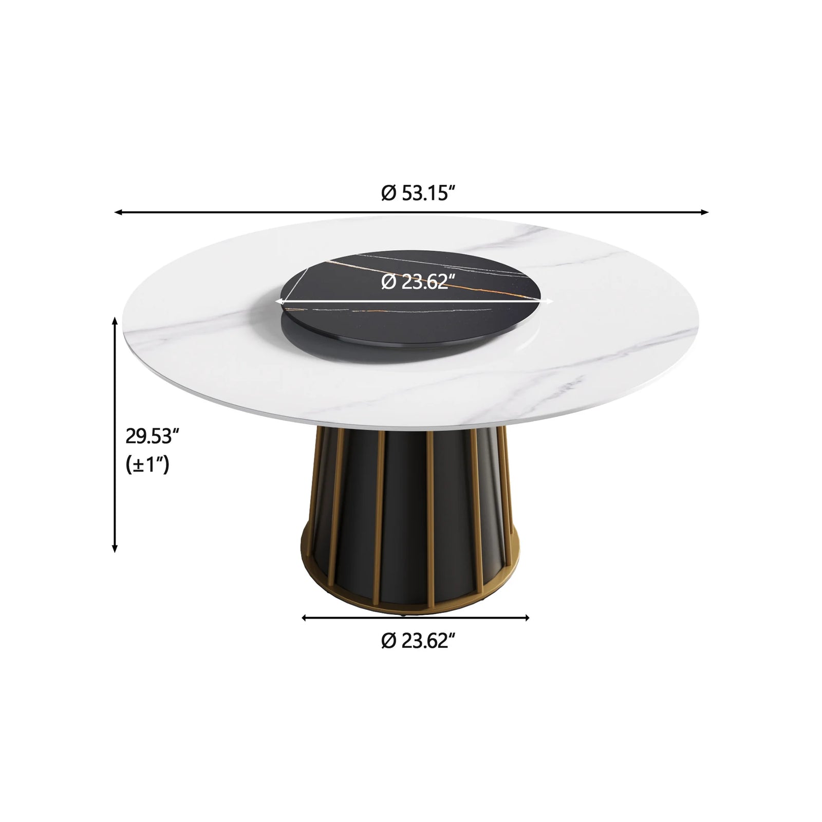Mesa de comedor Marbella de piedra sinterizada | Redonda de 135 cm (53") en blanco brillante con plato giratorio Lazy Susan