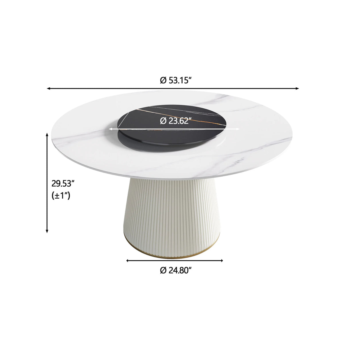 Marbella Sintered Stone Dining Table | 53" White Gloss Round With Lazy Susan Turntable