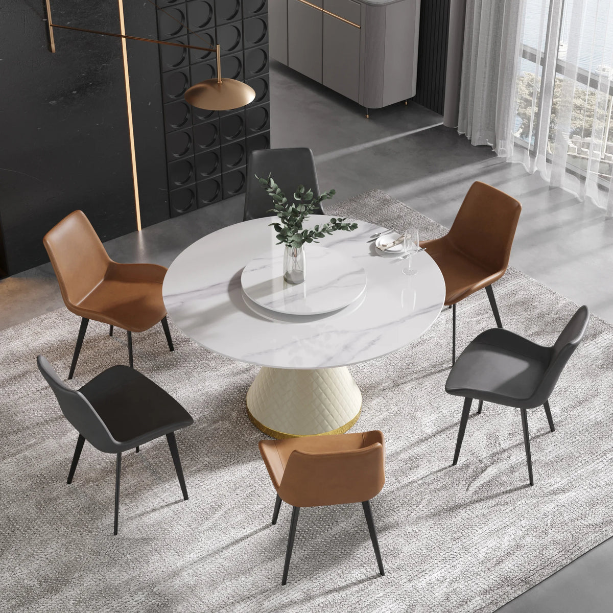 Mesa de comedor Marbella de piedra sinterizada | Redonda de 135 cm (53") en blanco brillante con plato giratorio Lazy Susan
