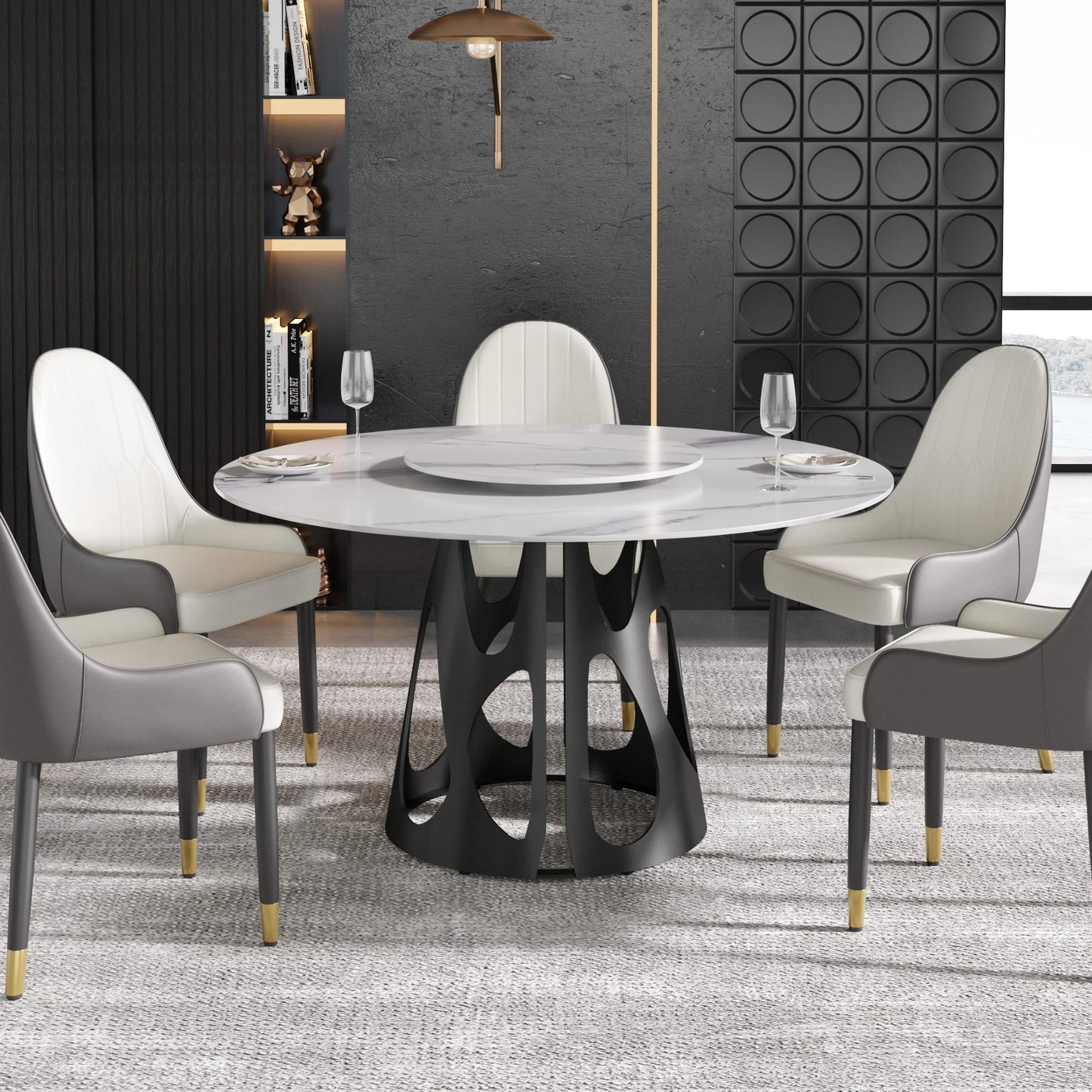 Marbella Sintered Stone Dining Table | 53" White Gloss Round With Lazy Susan Turntable