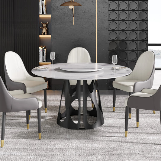 Marbella Sintered Stone Dining Table | 53" White Gloss Round With Lazy Susan Turntable