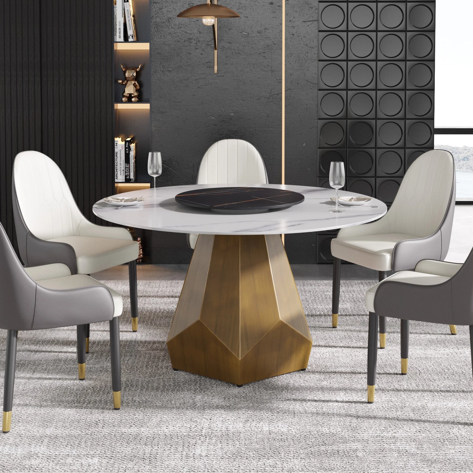 Mesa de comedor Marbella de piedra sinterizada | Redonda de 135 cm (53") en blanco brillante con plato giratorio Lazy Susan