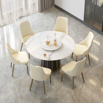 Mesa de comedor Marbella de piedra sinterizada | Redonda de 135 cm (53") en blanco brillante con plato giratorio Lazy Susan