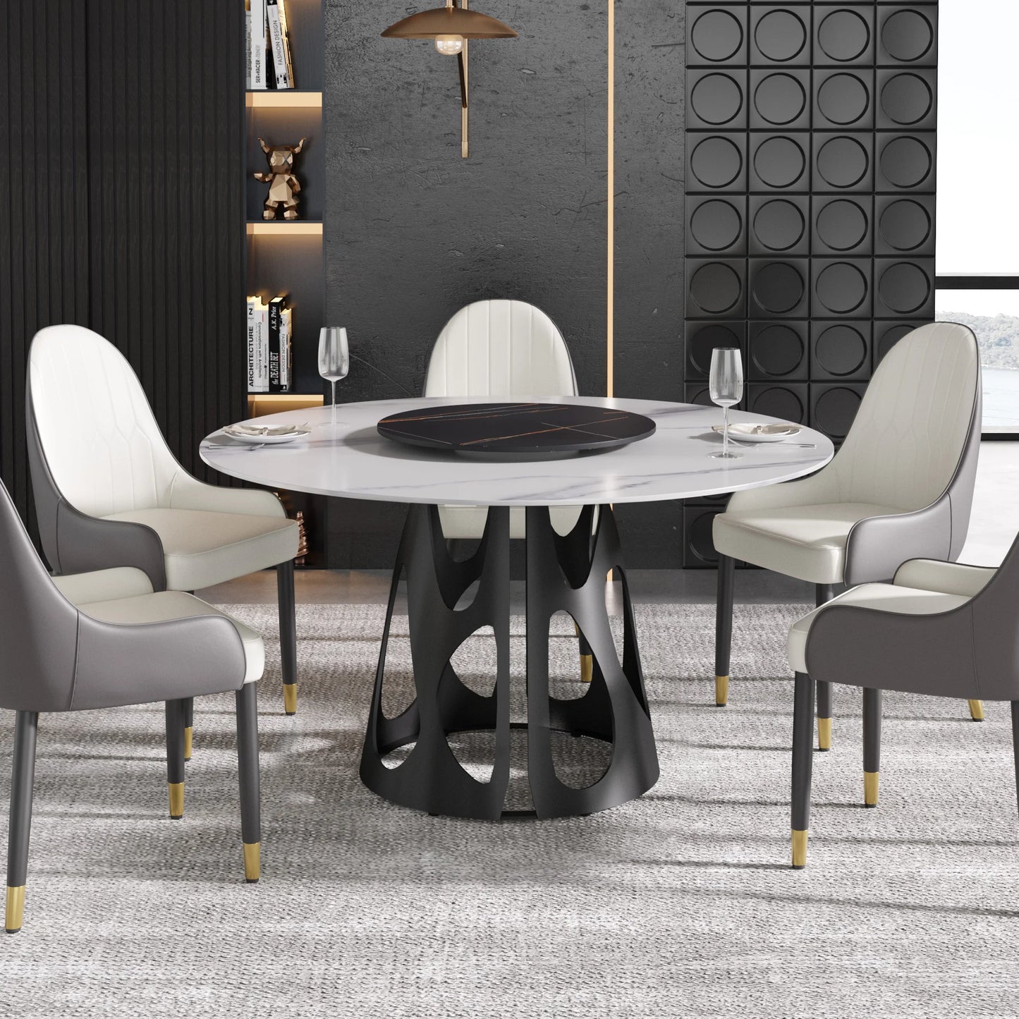 Marbella Sintered Stone Dining Table | 53" White Gloss Round With Lazy Susan Turntable