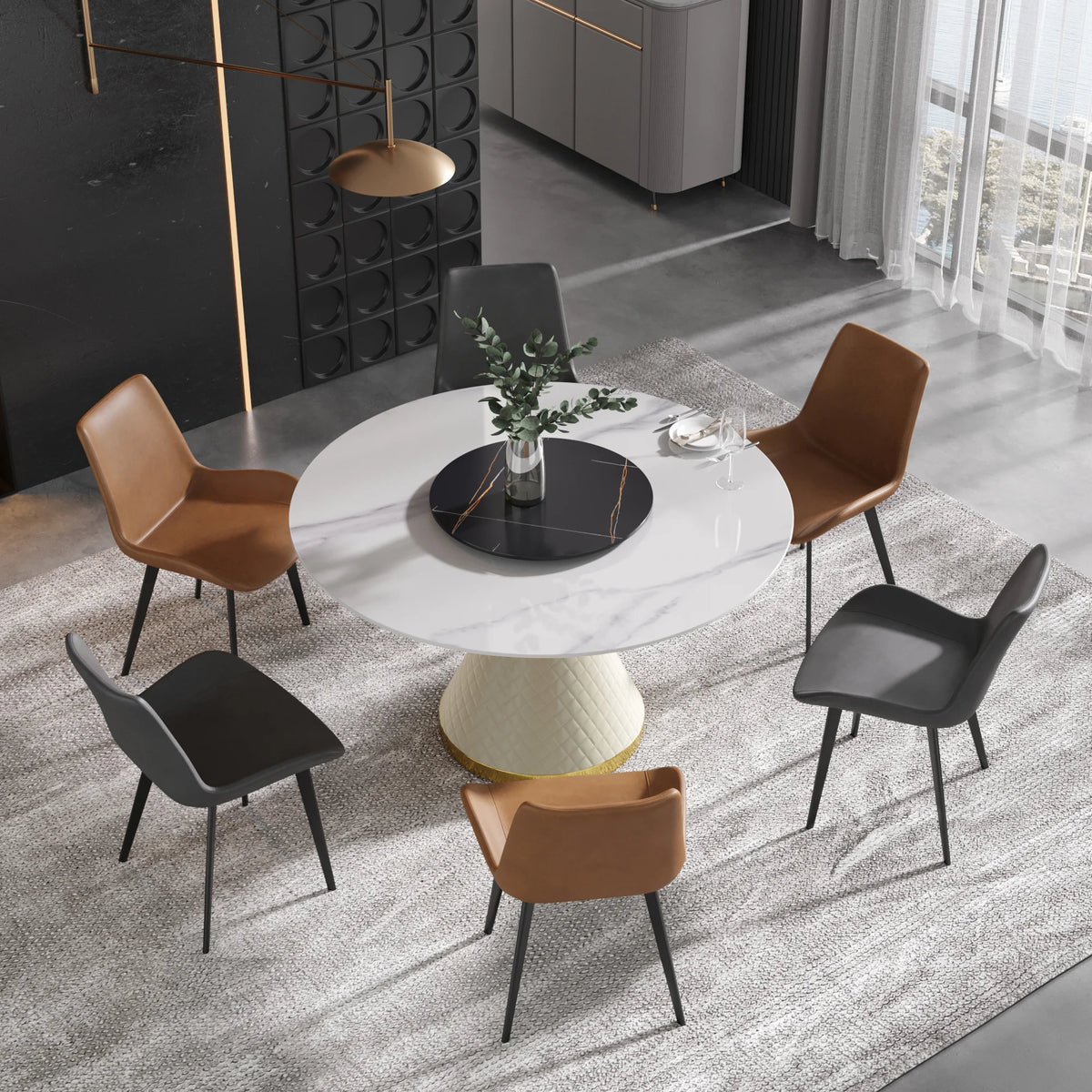 Mesa de comedor Marbella de piedra sinterizada | Redonda de 135 cm (53") en blanco brillante con plato giratorio Lazy Susan