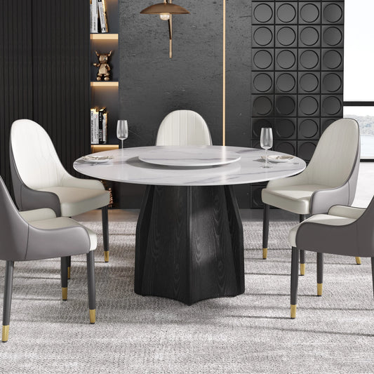 Marbella Sintered Stone Dining Table | 53" White Gloss Round With Lazy Susan Turntable