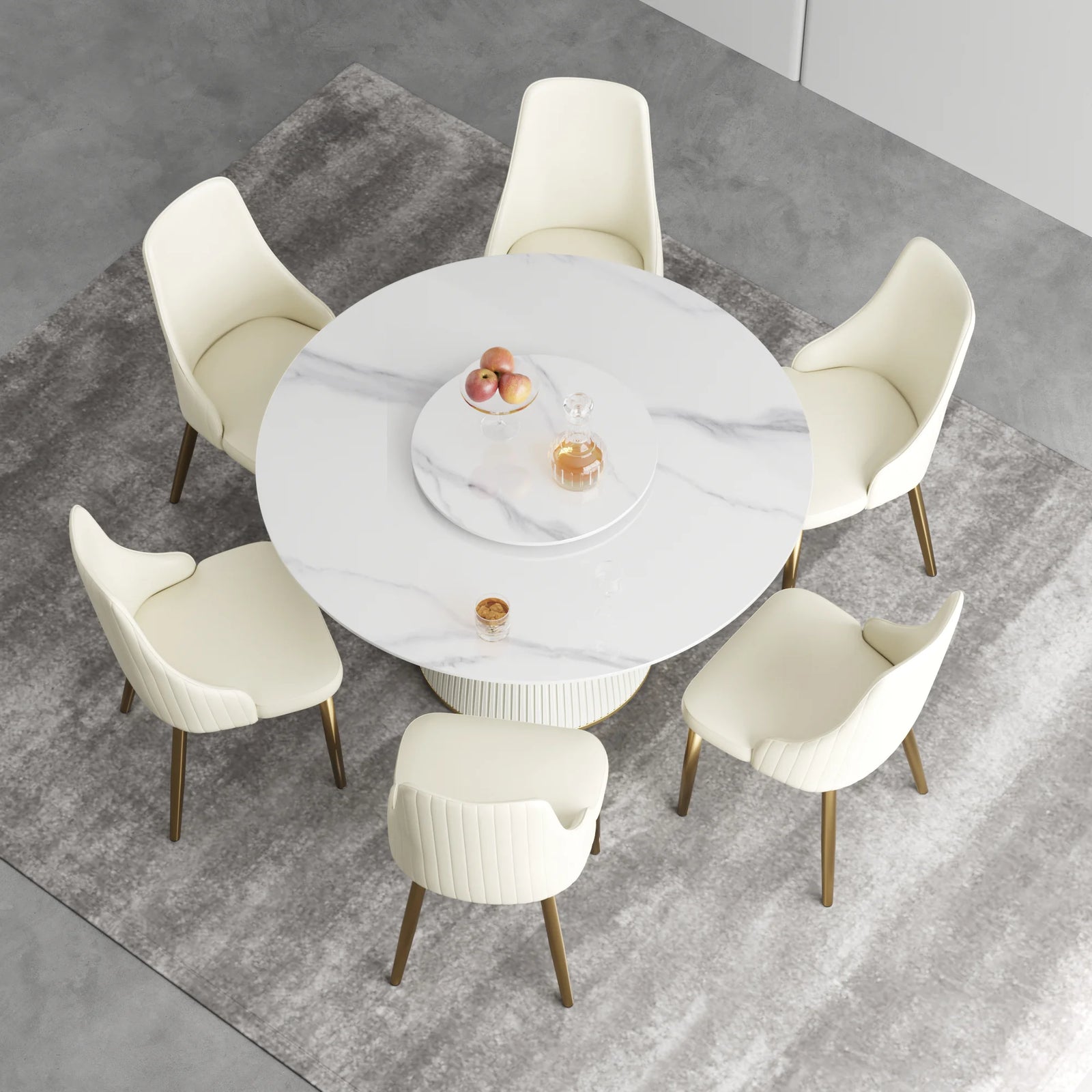 Marbella Sintered Stone Dining Table | 53" White Gloss Round With Lazy Susan Turntable