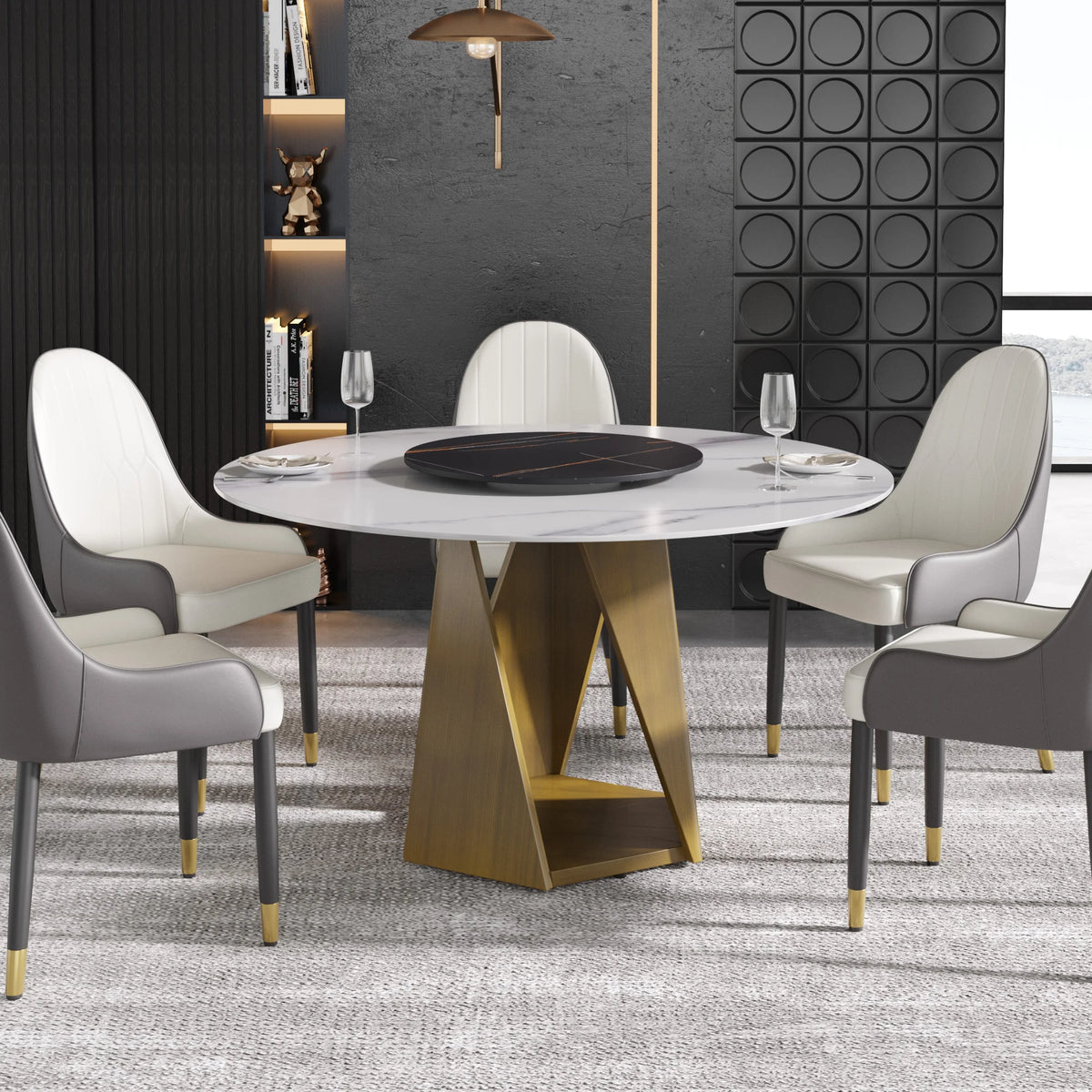 Mesa de comedor Marbella de piedra sinterizada | Redonda de 135 cm (53") en blanco brillante con plato giratorio Lazy Susan