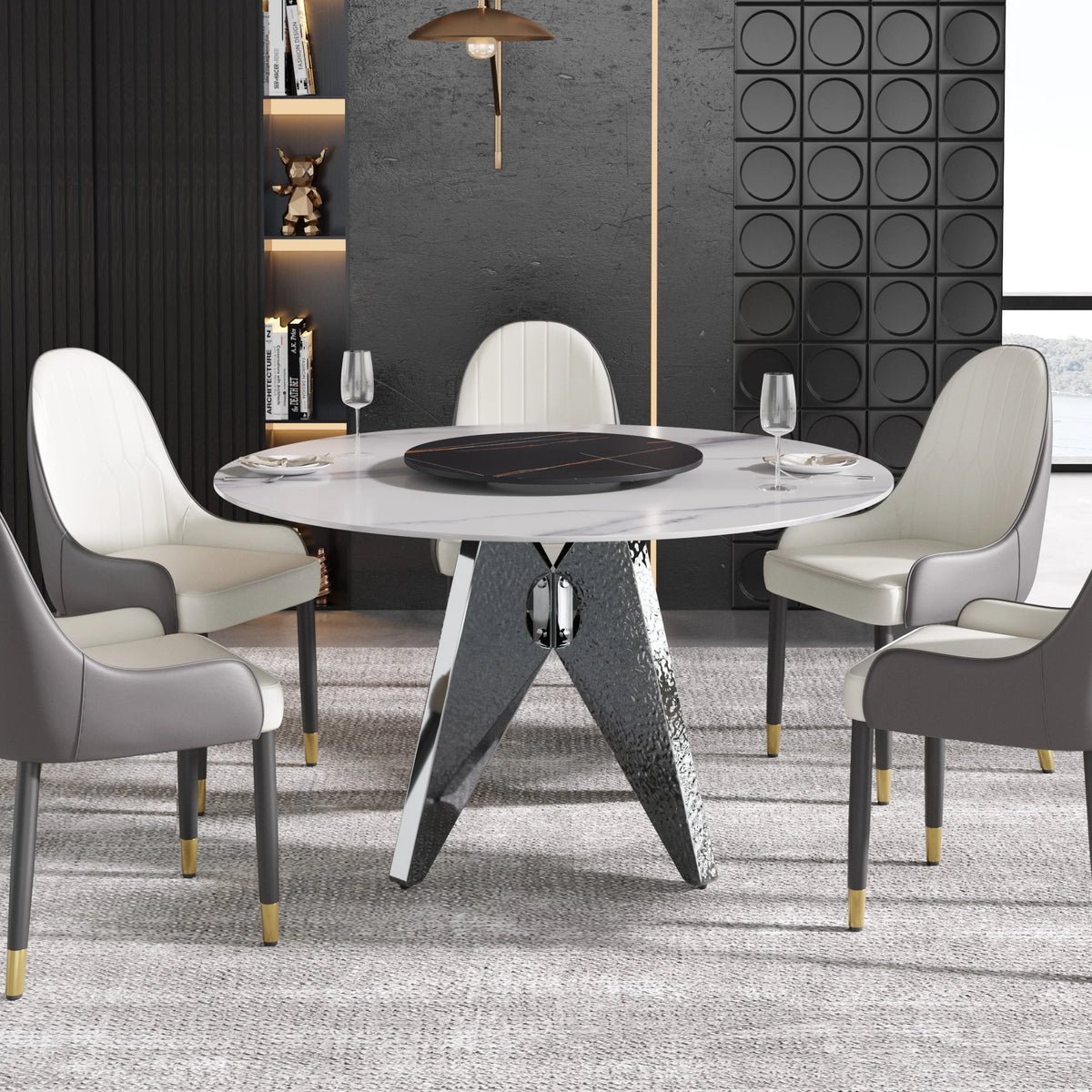 Marbella Sintered Stone Dining Table | 53" White Gloss Round With Lazy Susan Turntable