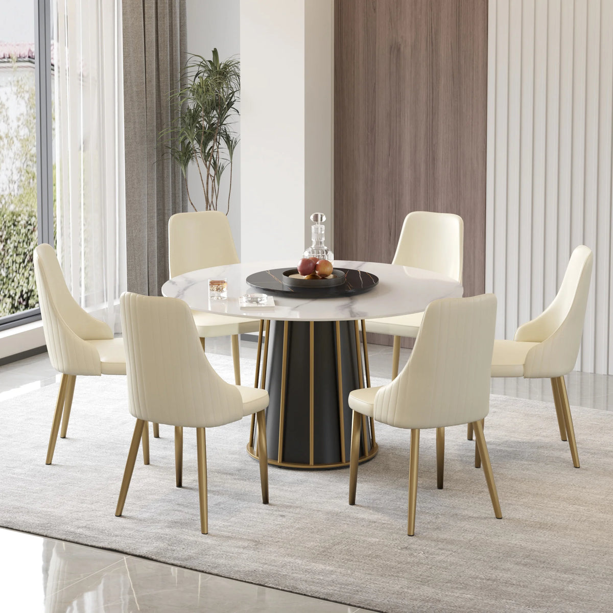 Mesa de comedor Marbella de piedra sinterizada | Redonda de 135 cm (53") en blanco brillante con plato giratorio Lazy Susan