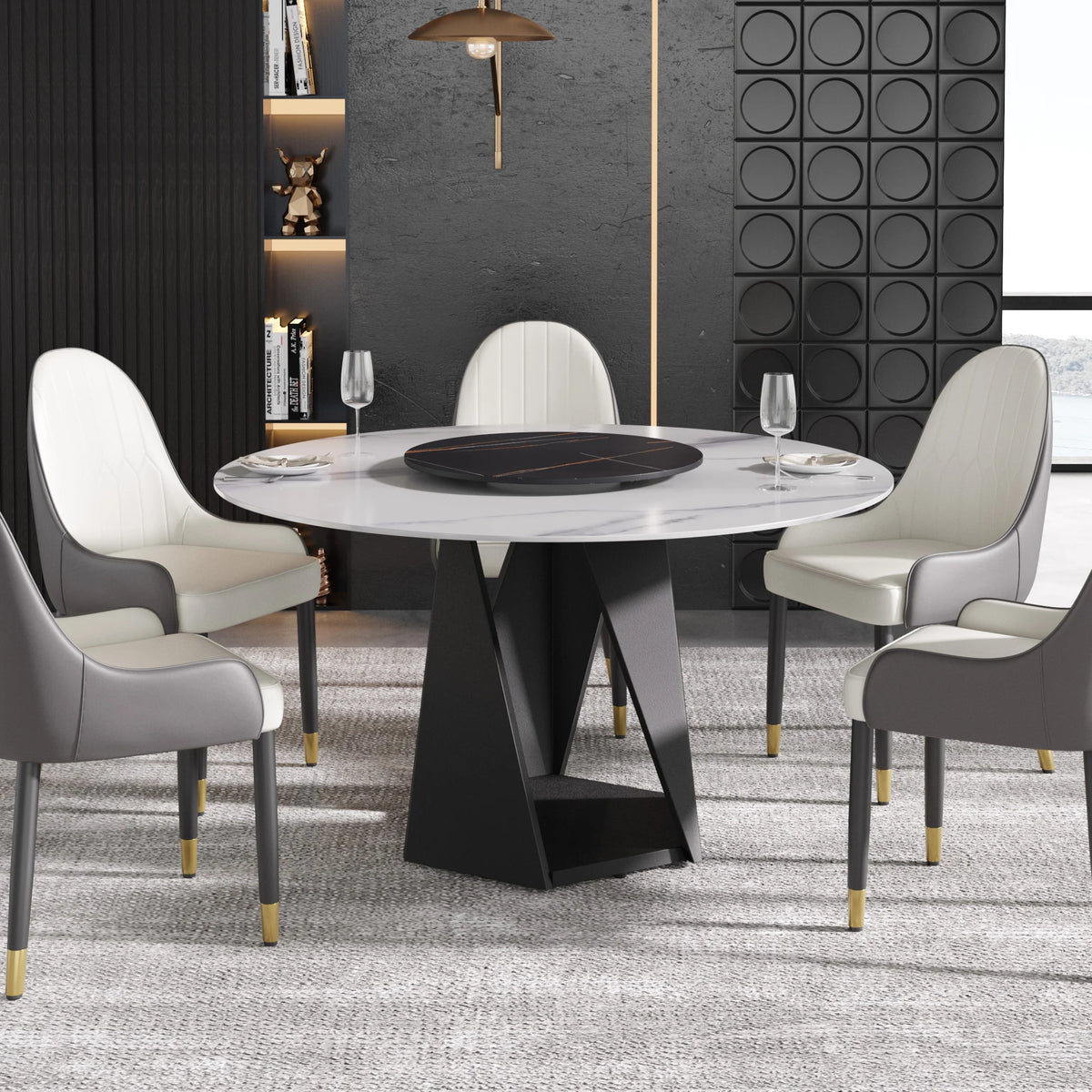 Mesa de comedor Marbella de piedra sinterizada | Redonda de 135 cm (53") en blanco brillante con plato giratorio Lazy Susan