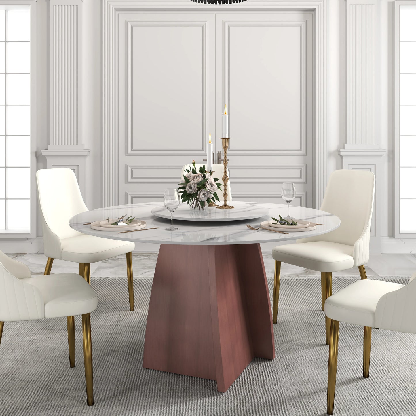 Marbella Sintered Stone Dining Table | 53" White Gloss Round With Lazy Susan Turntable