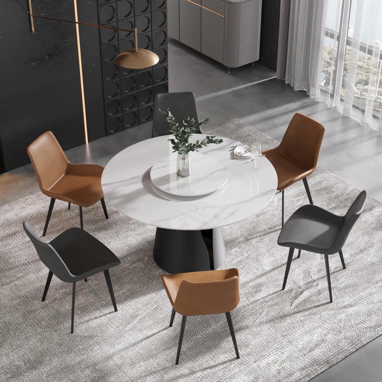 Marbella Sintered Stone Dining Table | 53" White Gloss Round With Lazy Susan Turntable