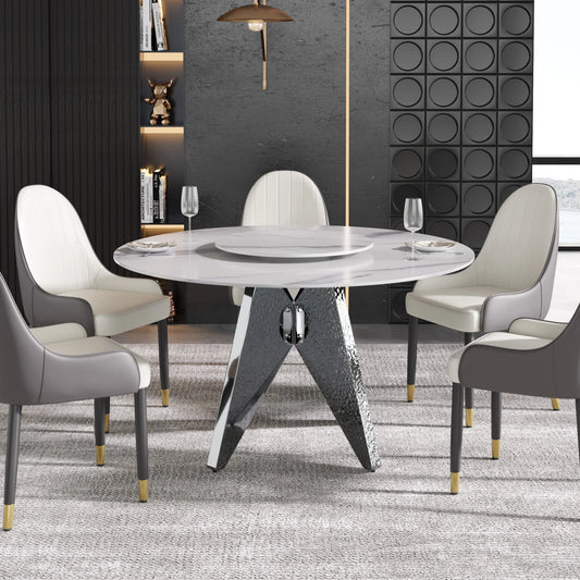 Marbella Sintered Stone Dining Table | 53" White Gloss Round With Lazy Susan Turntable