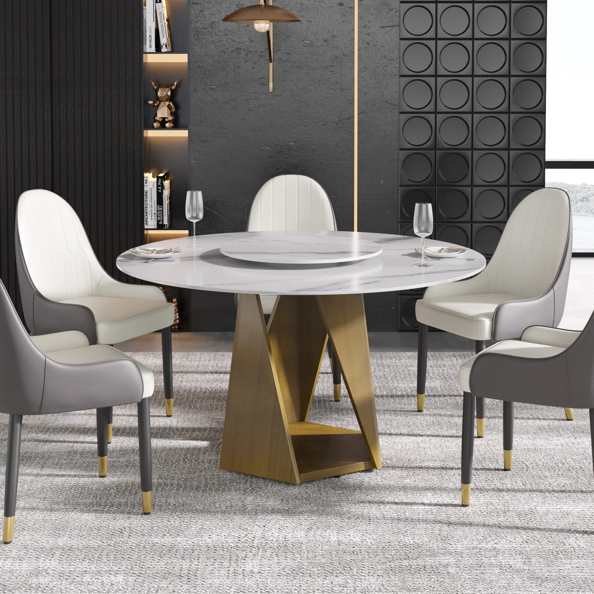 Marbella Sintered Stone Dining Table | 53" White Gloss Round With Lazy Susan Turntable