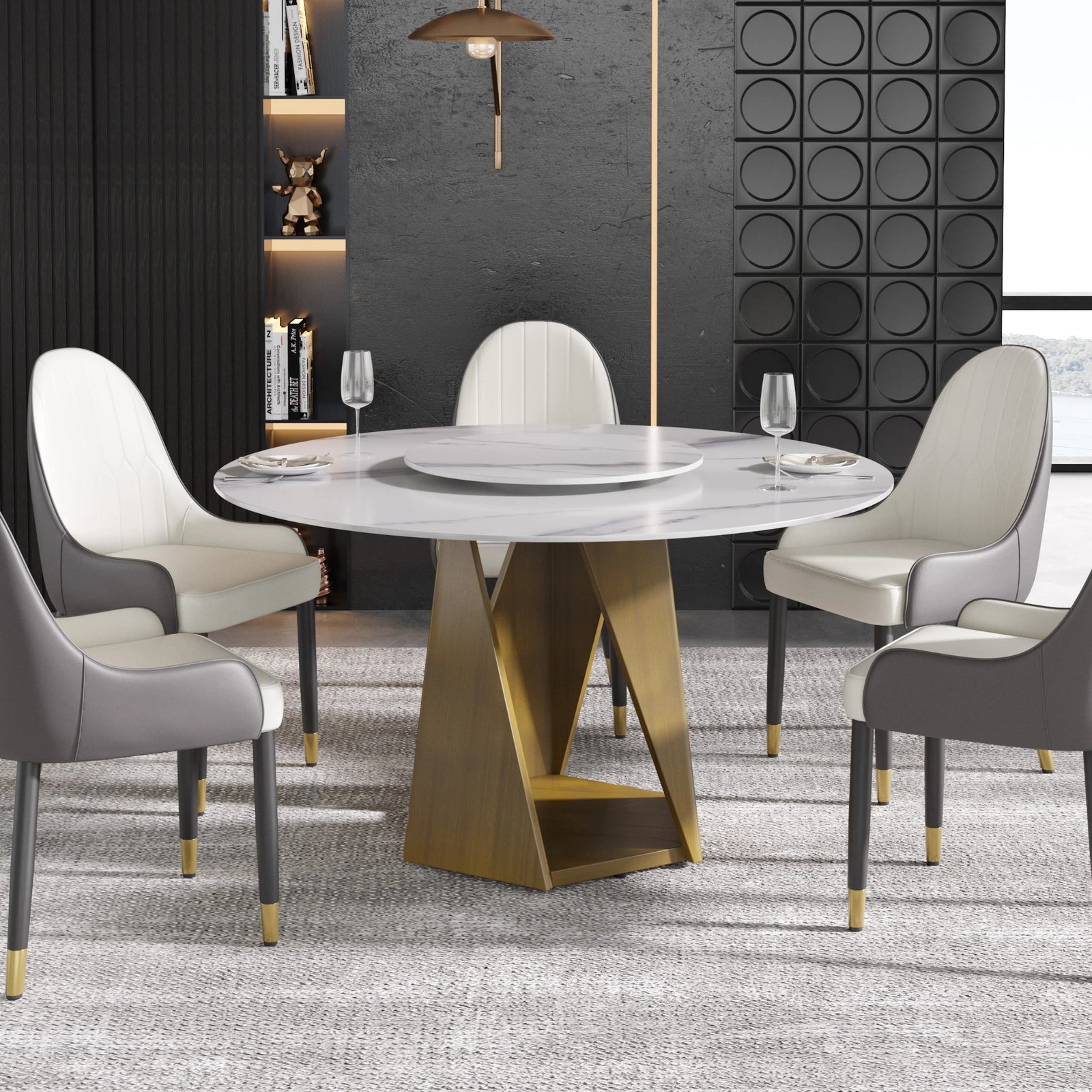 Mesa de comedor Marbella de piedra sinterizada | Redonda de 135 cm (53") en blanco brillante con plato giratorio Lazy Susan
