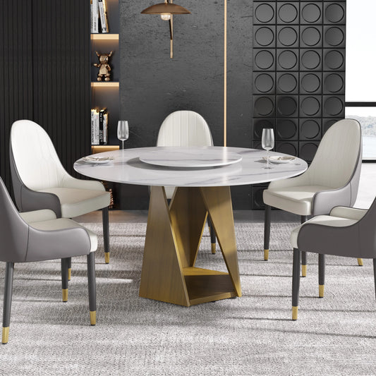 Marbella Sintered Stone Dining Table | 53" White Gloss Round With Lazy Susan Turntable